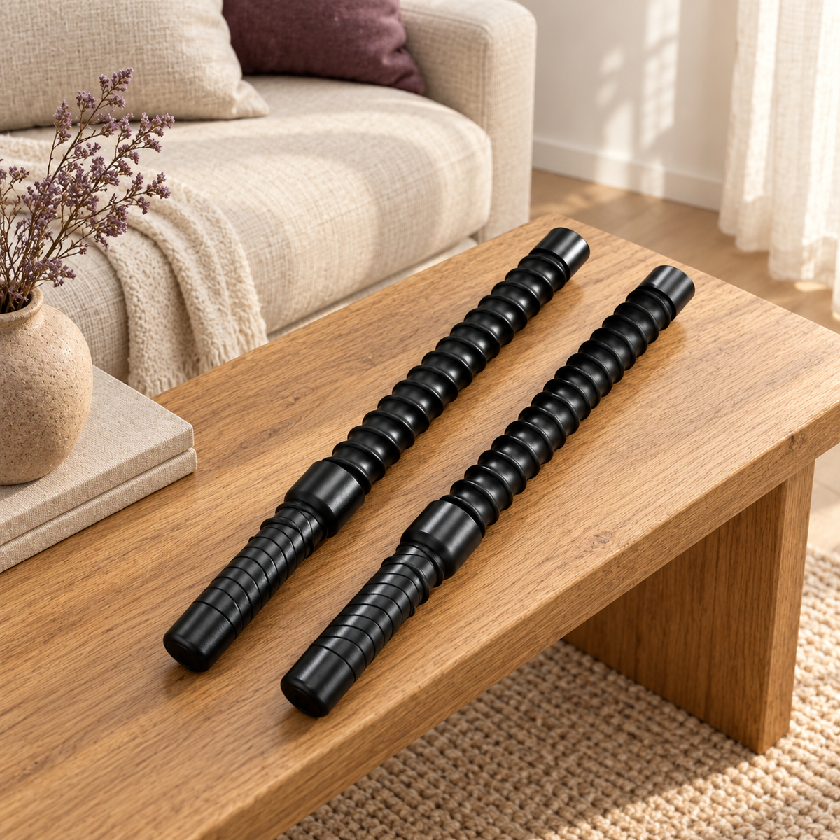 Enduro cordless battle ropes resting on a bench in a living room