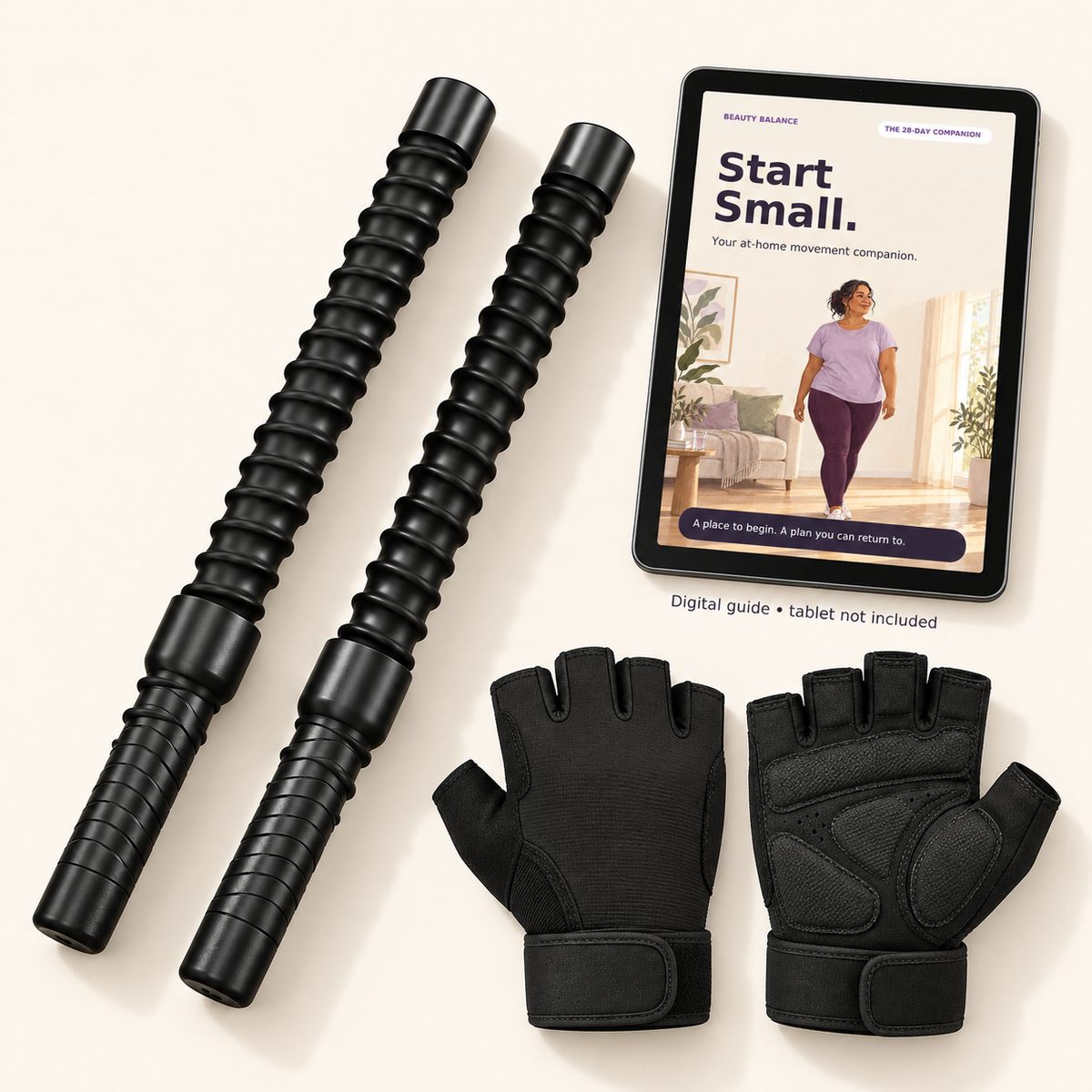 Enduro starter kit concept: two cordless ropes, one pair of workout gloves and the Start Small digital ebook; tablet not included