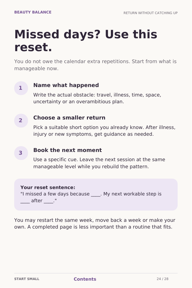 Actual page 24 of the free Start Small guide: the missed-days reset