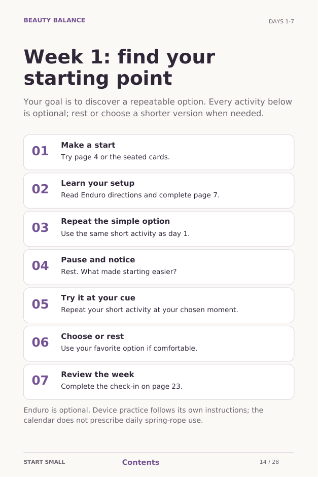 Actual page 14 of the free Start Small guide: a flexible first-week plan