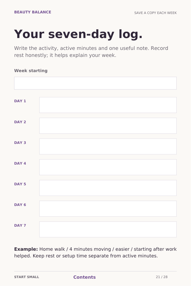 Actual page 21 of the free Start Small guide: the seven-day activity log